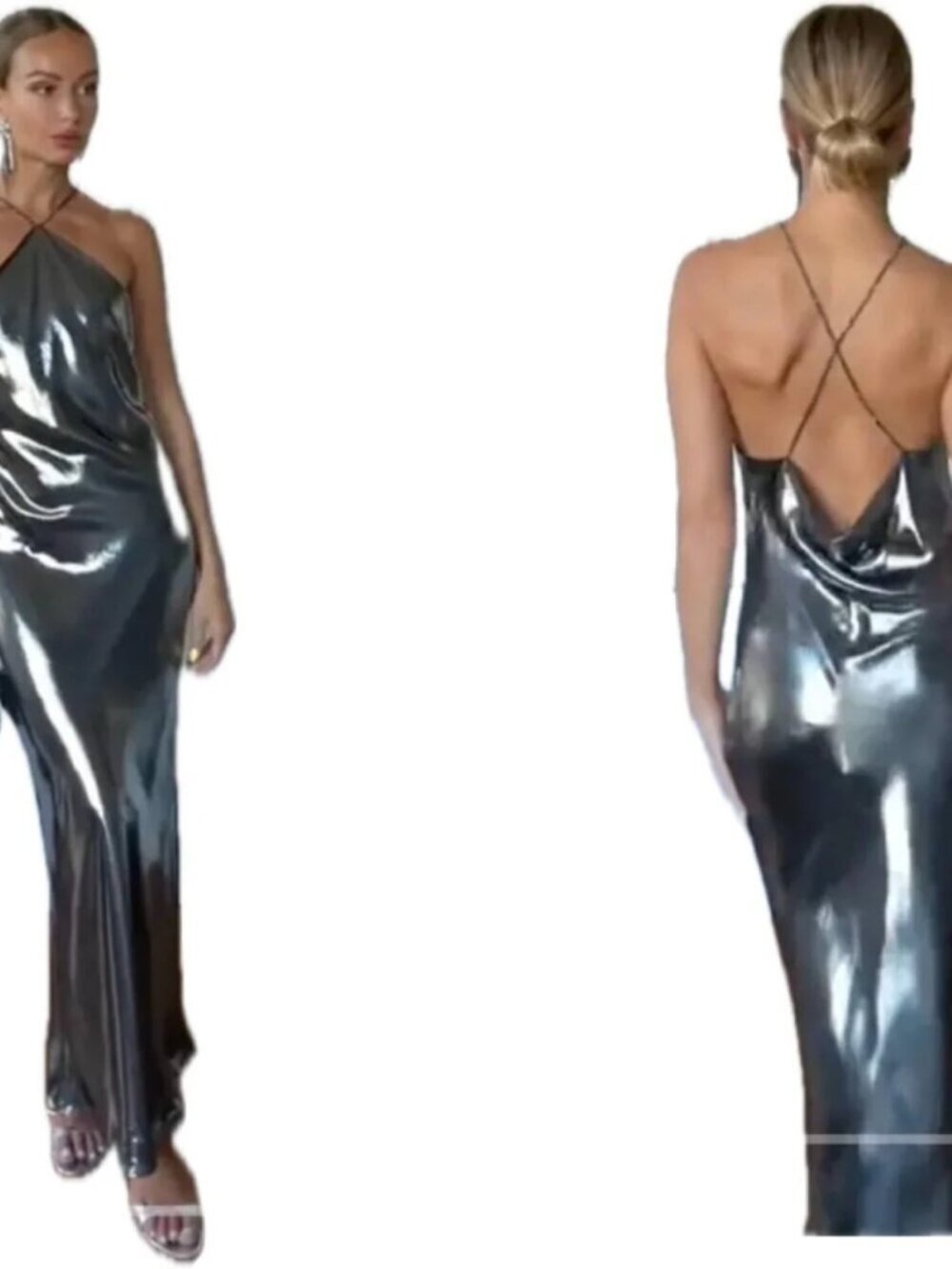 ZARA silver Metallic Long Formal Evening Gown